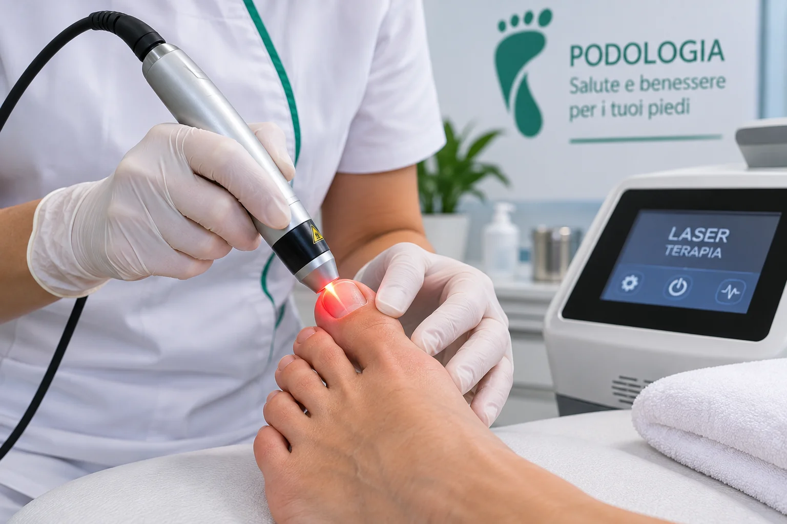 Applicazione laser sull'unghia del piede